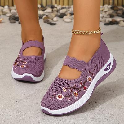 Вязаные кроссовки с цветочной вышивкой для женщин 2024 года, осенние туфли на плоской подошве из дышащей сетки, женские мокасины на толстой подошве, женские 42