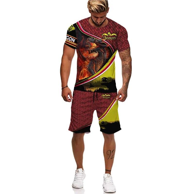 Мужская футболка/костюм с 3D принтом Flying Dragon Totem Art, летний крутой топ с короткими рукавами + шорты, комплект, готический спортивный костюм в стиле хип-хоп