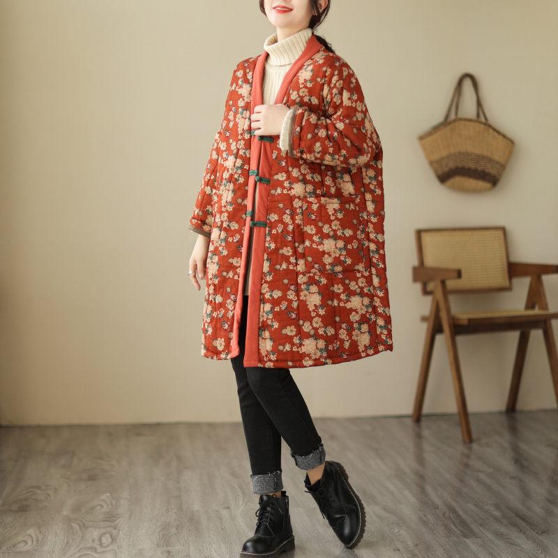 Ethnic Retro Plate Button Floral Cotton Coat For Women Autumn Winter Loose Large Size Medium Length Padded Jacket Tunic T1464