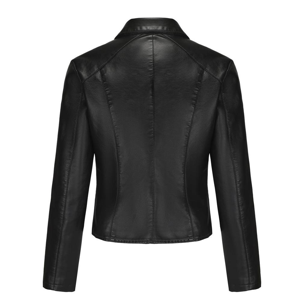 Fall Winter Women Lapel Collar Long Sleeve Slim Fit Zipper Pu Leather Jacket