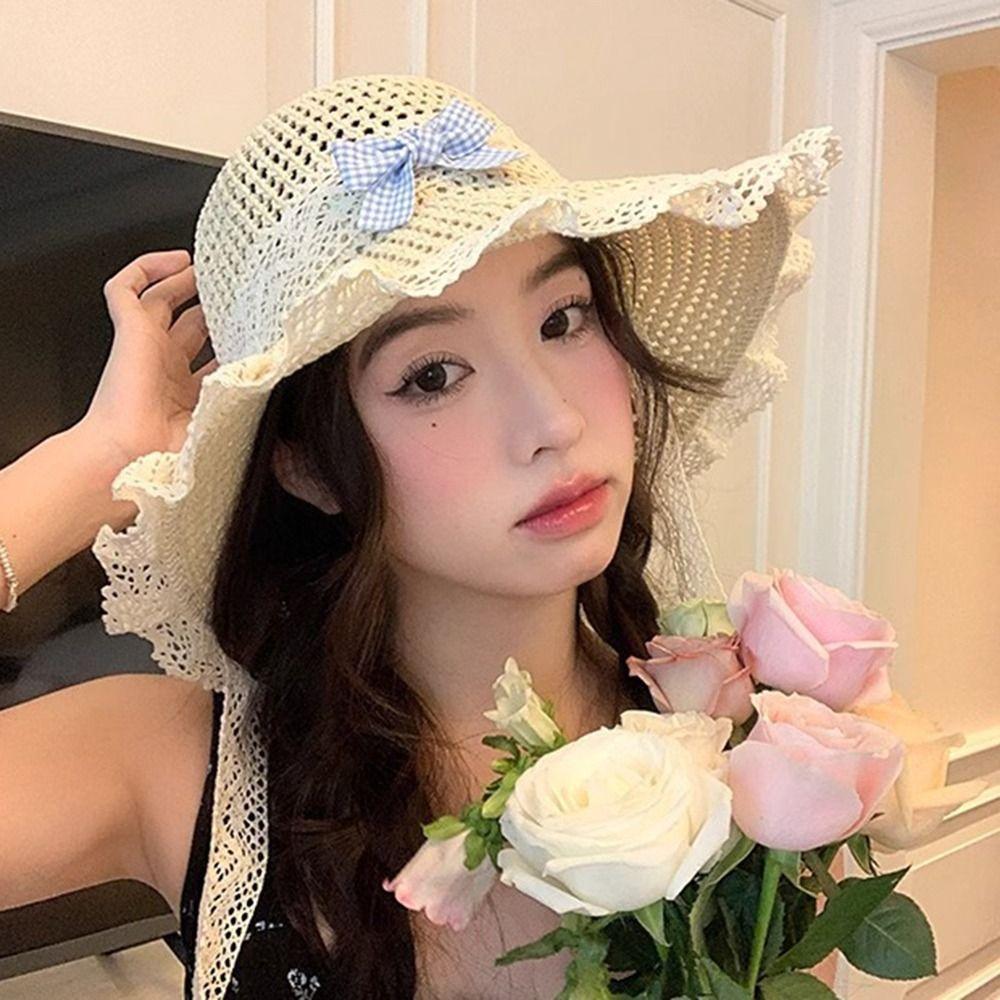 Sweet Woman's Straw Hat Elegant Lace Brim Sunshade Cap Vacation Big Bowknot Sun Hat  Girls