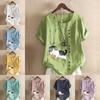 Women's Fashion Cute Cat Prined Round Neck Short Sleeve T-shirt Casual Cotton Linen Graphic Shirt Leisure Loose Summer Blouse Tops Plus Size