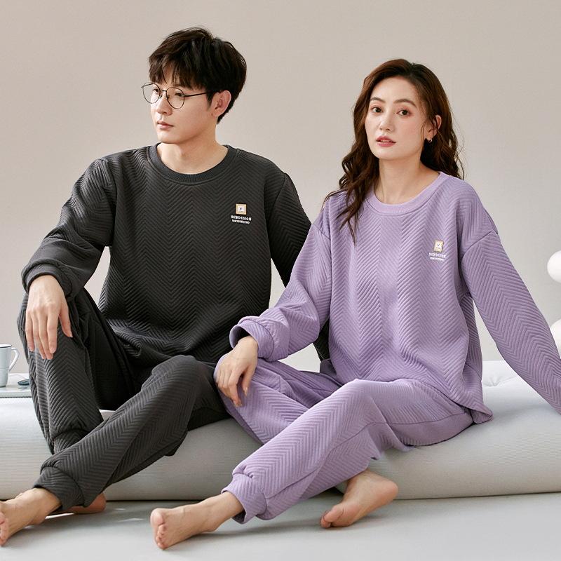 Cozy Winter Air Cotton Couple Pajamas Set: Warm Pullover Suit for Men and Women, Perfect for Home or Outdoor Wear