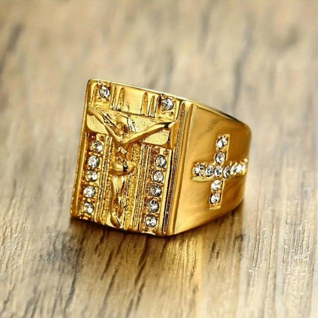 Men's Golden Silvery Jesus Prayer Cross Premium Ring