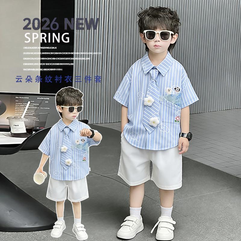 Children's Summer Short sleeved Shirt 2026, Boys' Blue Thin Shirt Set, Baby Boys' Summer Clothing, Children's Clothing Trend