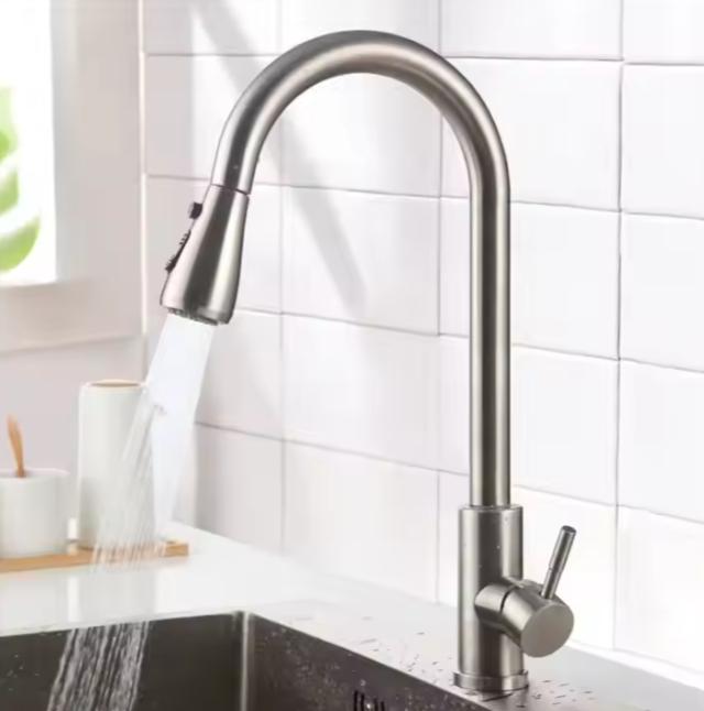 Modern Single-hole Single-handle 304 Stainless Steel Pull-down Kitchen Faucet Ceramic Valve Core