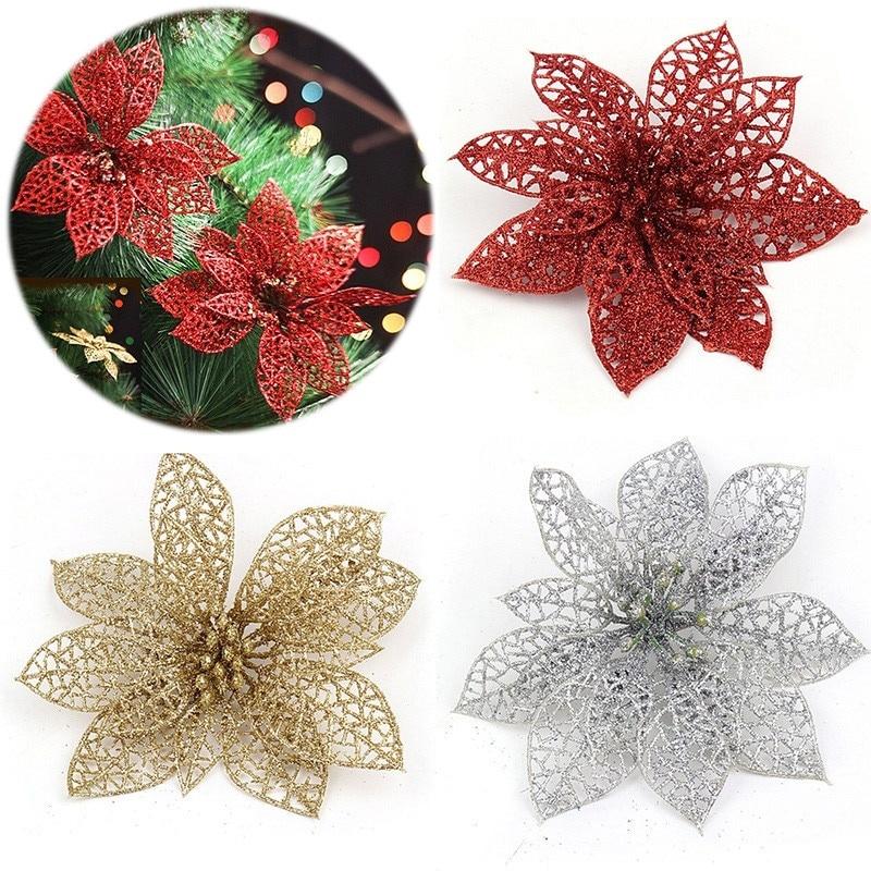 4Pcs/10pcs Hollow Xmas Flowers Artificial Christmas Hollow Flower For Christmas Tree Decorations Orna