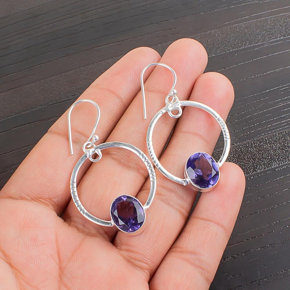 Natural Iolite Gemstone 925 Sterling Silver Jewelry Handmade Boho Earrings 1.37" EE-67-5