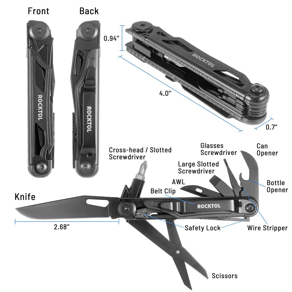 ROCKTOL Складной карманный нож, универсальный нож из нержавеющей стали 12-в-1 с титановой ручкой