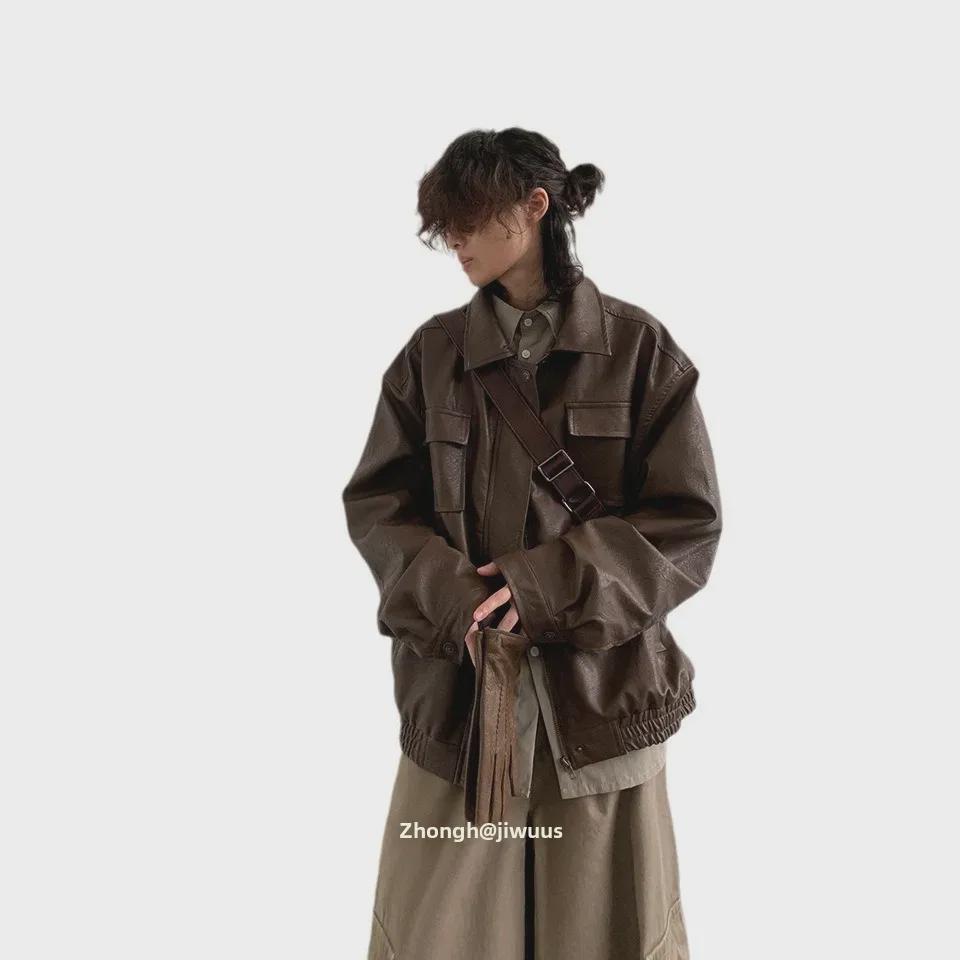 Унисекс ретро японский стиль свободная куртка из искусственной кожи мотоцикла