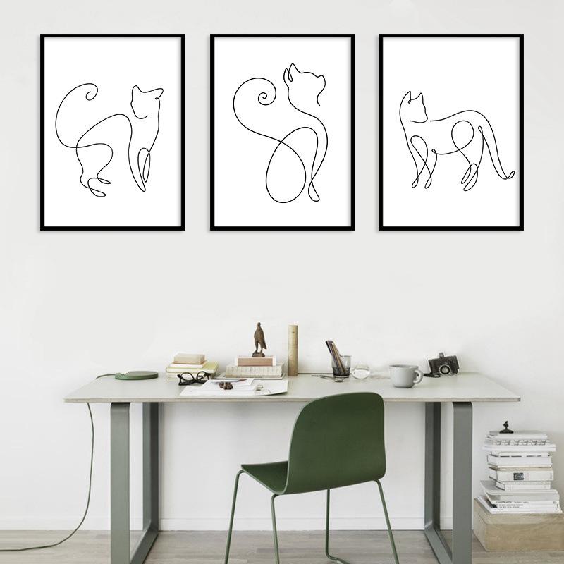 Nordic Minimalist Black and White Line Cat Animal Canvas Painting Home Decoration Hanging Painting Frameless Wall Art Kitchen No Frame