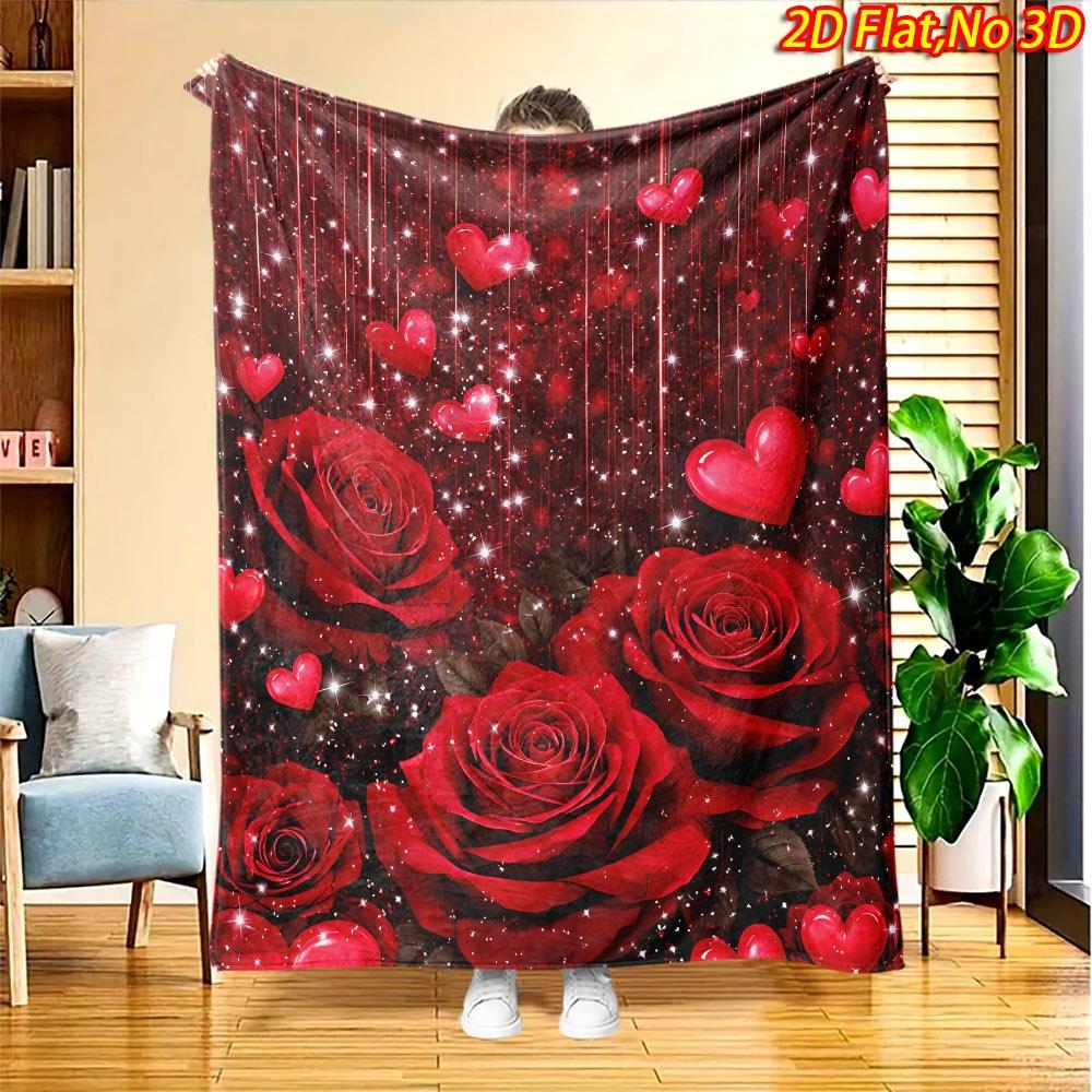 1pc 2D Flat Printing Spring And Summer New Arrival Red Rose And Heart Theme Digital Print Blanket, All-Season Use, Casual Throw, 100% Polyester Fiber