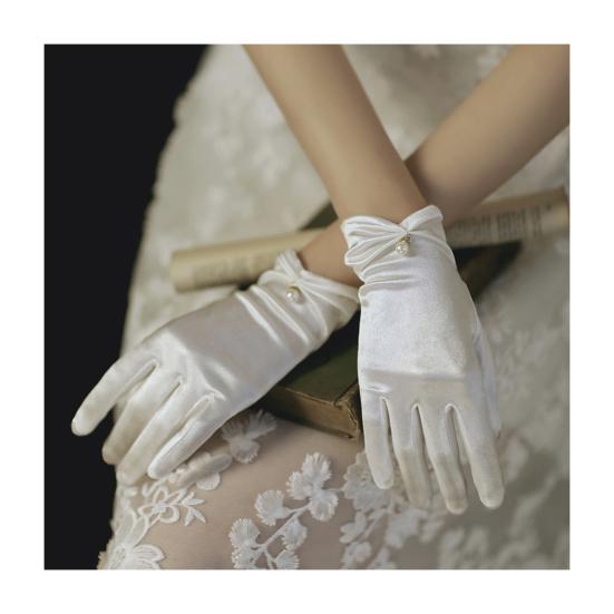 Сатиновые перчатки невесты Короткие тюлевые свадебные перчатки Прозрачные короткие перчатки на запястье с бантом и искусственным жемчугом для выпускного вечера, вечернего мероприятия, чаепития