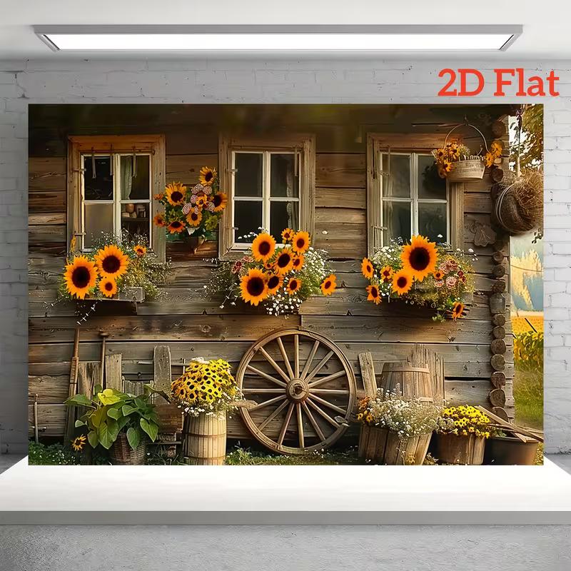 2D Country Farmhouse Photography Background Cloth with Sunflowers & Wooden Details