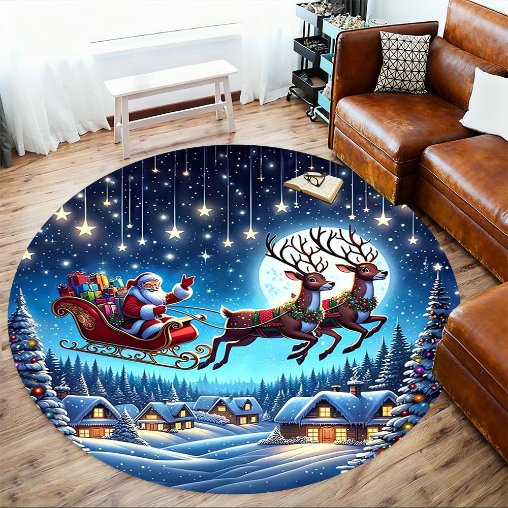 1pc Santa Claus, reindeer sleigh Round Chair mat Area Rug - Non-Slip, Floor Mat for Office, Bedroom, home decor Christmas Gift-1002361
