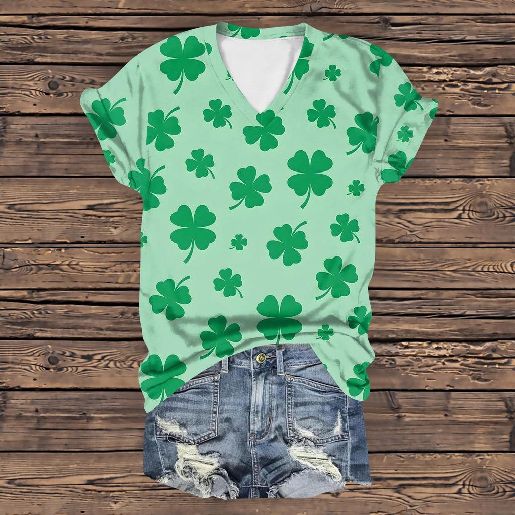 Женская повседневная свободная одежда St. Футболка с короткими рукавами и V-образным вырезом с принтом ко Дню Святого Патрика