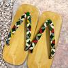 Edoten Geta Sandals, Made in Japan, Yellow Tatami Sole, Patterned Strap, Shippo Green, Size LL