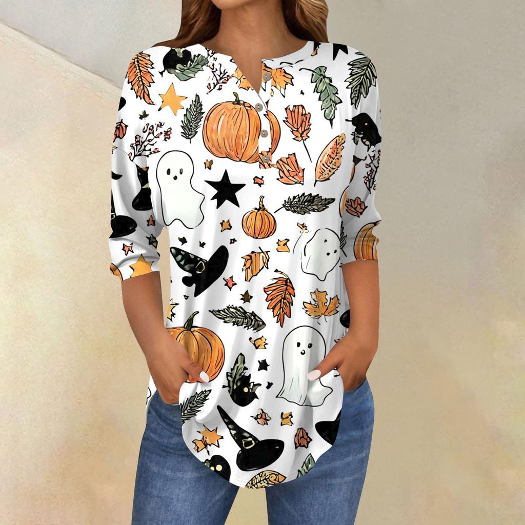 Женская модная свободная футболка с пуговицами на воротнике, с принтом на Хэллоуин, с длинным рукавом, топ, пуловер