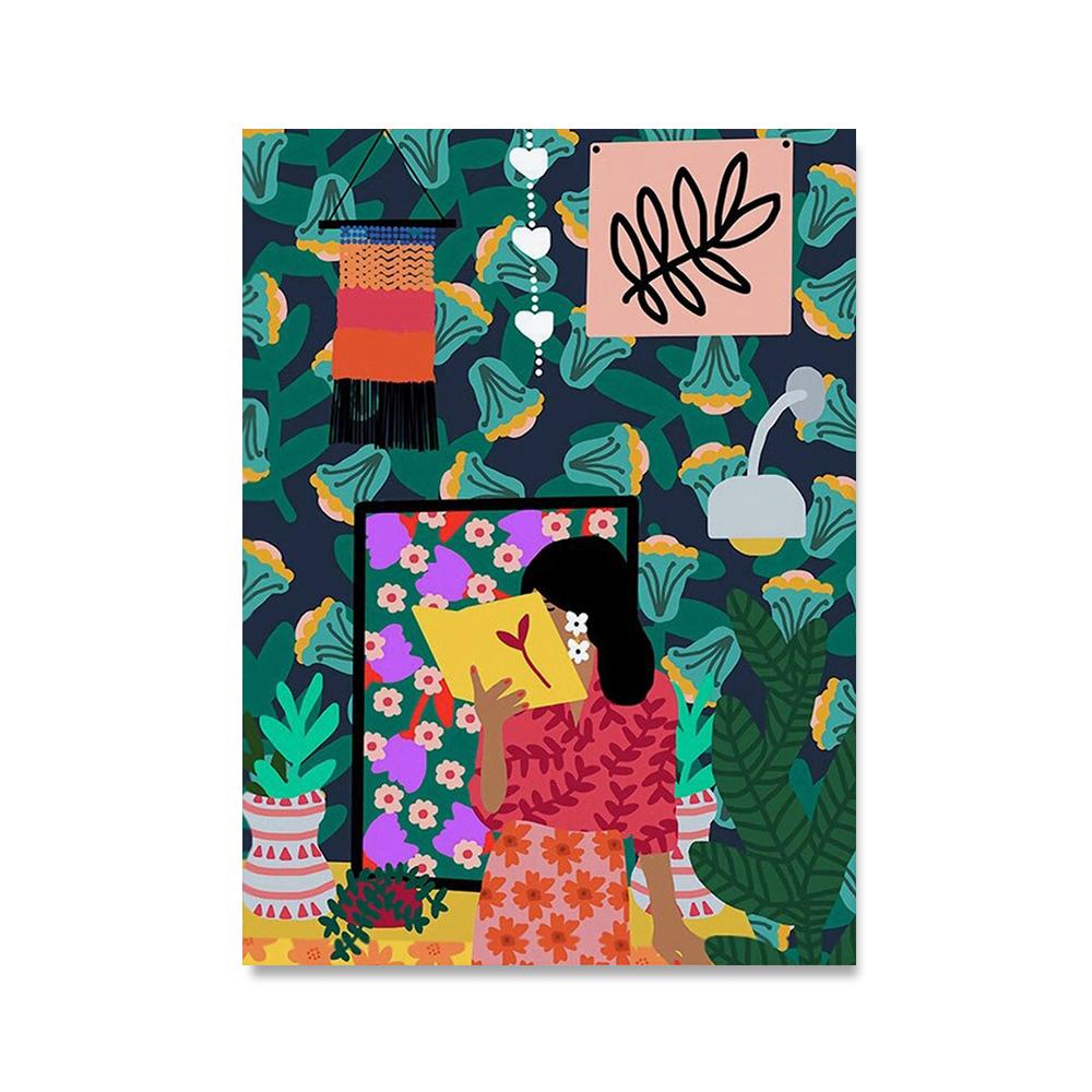 Абстрактная красочная модная девушка, растение, настенная живопись на холсте, скандинавский бохо, современный постер и принты, картина для декора гостиной