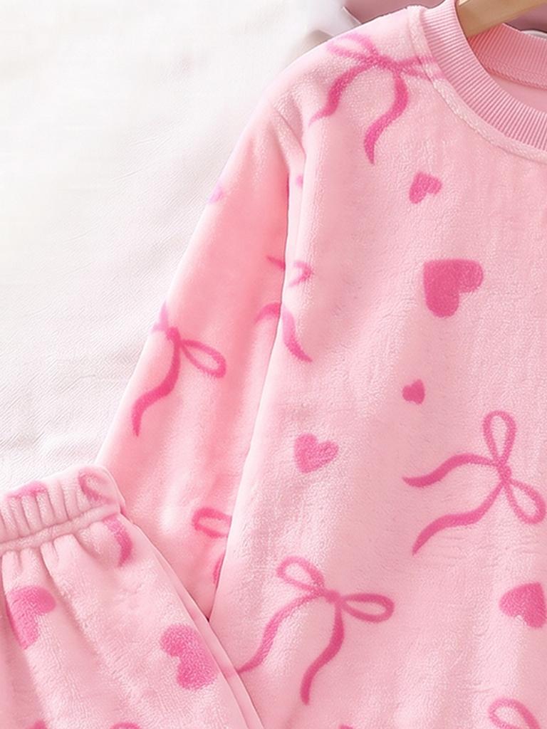 2pcs/Set Girls Fashion Minimalist Bow & Heart Print Long Sleeve & Long Pants, Winter Flannel Pajama Set. Bow Pajama Set, Girls Loungewear Set