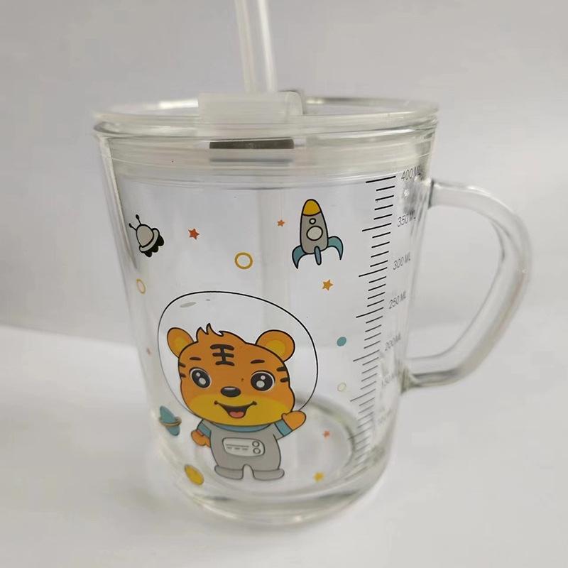 High Quality Kids Straw Cup with Lid and Handle Cute Glass Tumbler with Scale for Water Tea Milk Coffee Elephant Cartoon Pattern
