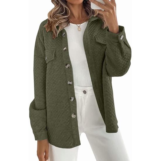 Женская осенне-зимняя однотонная куртка с лацканами и длинным рукавом, однобортная стеганая рубашка большого размера, повседневная верхняя одежда с искусственными карманами и вафельным узором