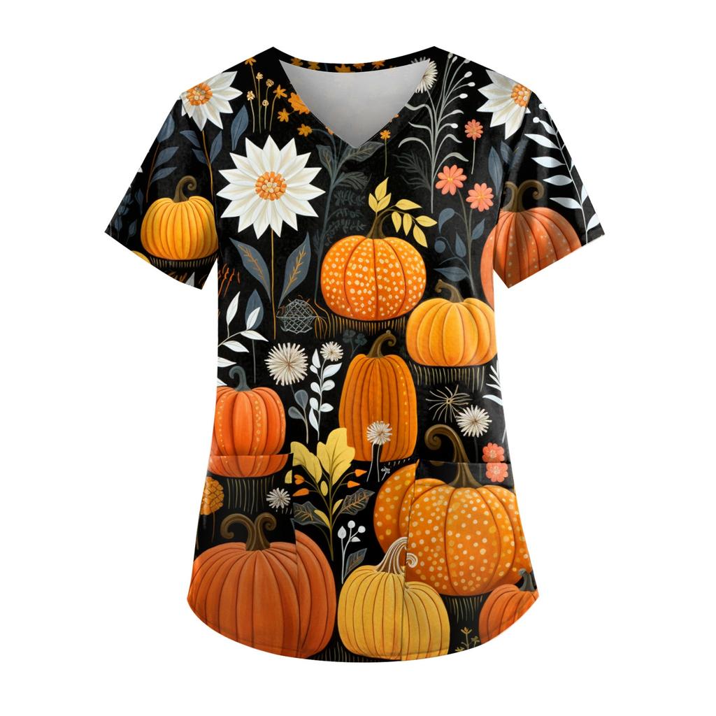 Плюс размер Хэллоуин печатная рабочая форма Топы для женщин футболки с v-образным вырезом и короткими рукавами рабочая одежда футболка с карманами