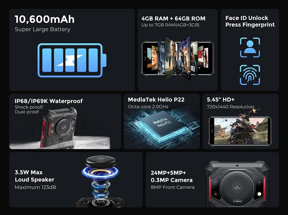 FOSSiBOT Защищенный смартфон F101P, 4 ГБ + 64 ГБ, тройная камера с искусственным интеллектом, динамик 123 дБ, восьмиядерный процессор MediaTek Helio P22, Android 13.0