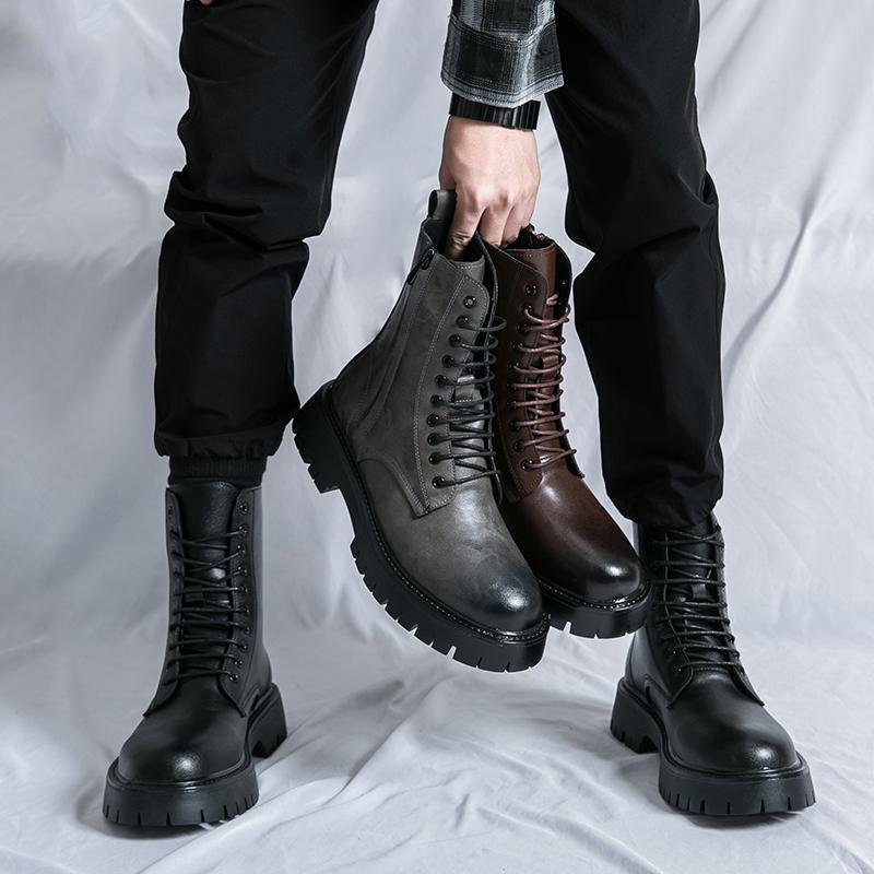 Black Ankle Boots for Men Lace-up Zipper Pu Safety Shoes Motorcycle Boots Gray Brown Platform Boots