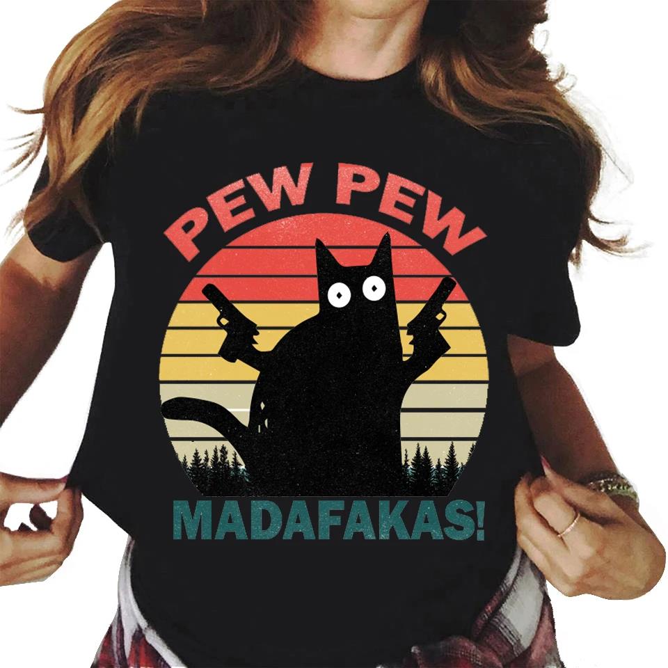 Футболка унисекс с графическим принтом Pew Madafakas с симпатичными черными кошками, модная повседневная футболка унисекс с круглым вырезом и коротким рукавом большого размера