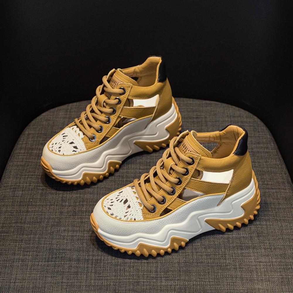 Сандалии на платформе, женские повседневные сандалии, кожаные полые туфли, женская летняя коллекция 2025 года, новая повседневная модная обувь, увеличивающая внутренний рост