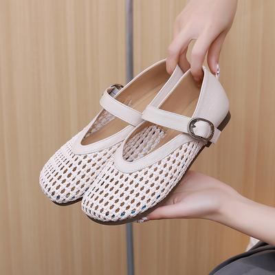 Ретро Простые Плетеные Полые Модные Одинарные Туфли для Женщин Летом Новые Одинарные Туфли на Плоской Подошве с Отверстиями на Четыре Сезона