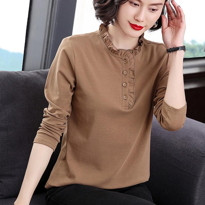 Базовые выпуски футболок женские среднего возраста для мам осенние топы футболка женская с длинными рукавами внутренняя тонкая секция нижняя рубашка Tide