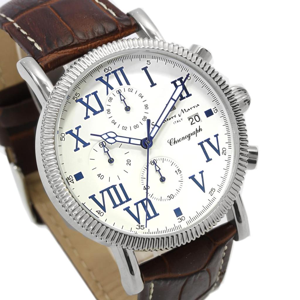 Часы-хронограф с кожаным ремешком, водонепроницаемость 5 АТМ, белый, темно-коричневый [Salvatore Mara] мужские SM19109-SSWHDBR