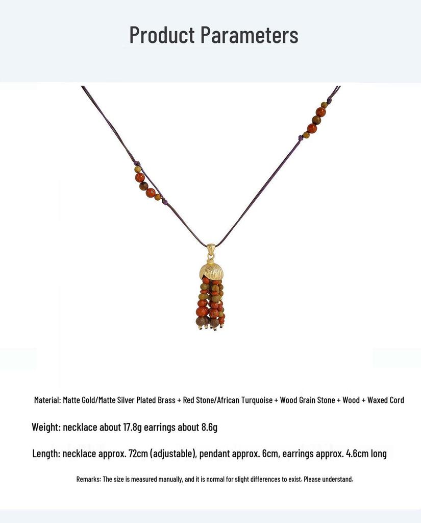 SWAH Vintage Nomadic Style Fruit Tassel Wood Bead Long Necklace with Ear Hook