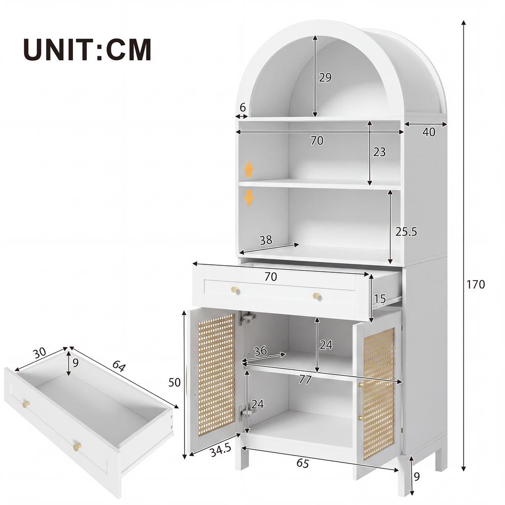 Modern arched display and storage cabinet, rattan doors, 3 display compartments + 2 doors + 1 drawer, white + wood look, 70 x 40 x 170 cm.