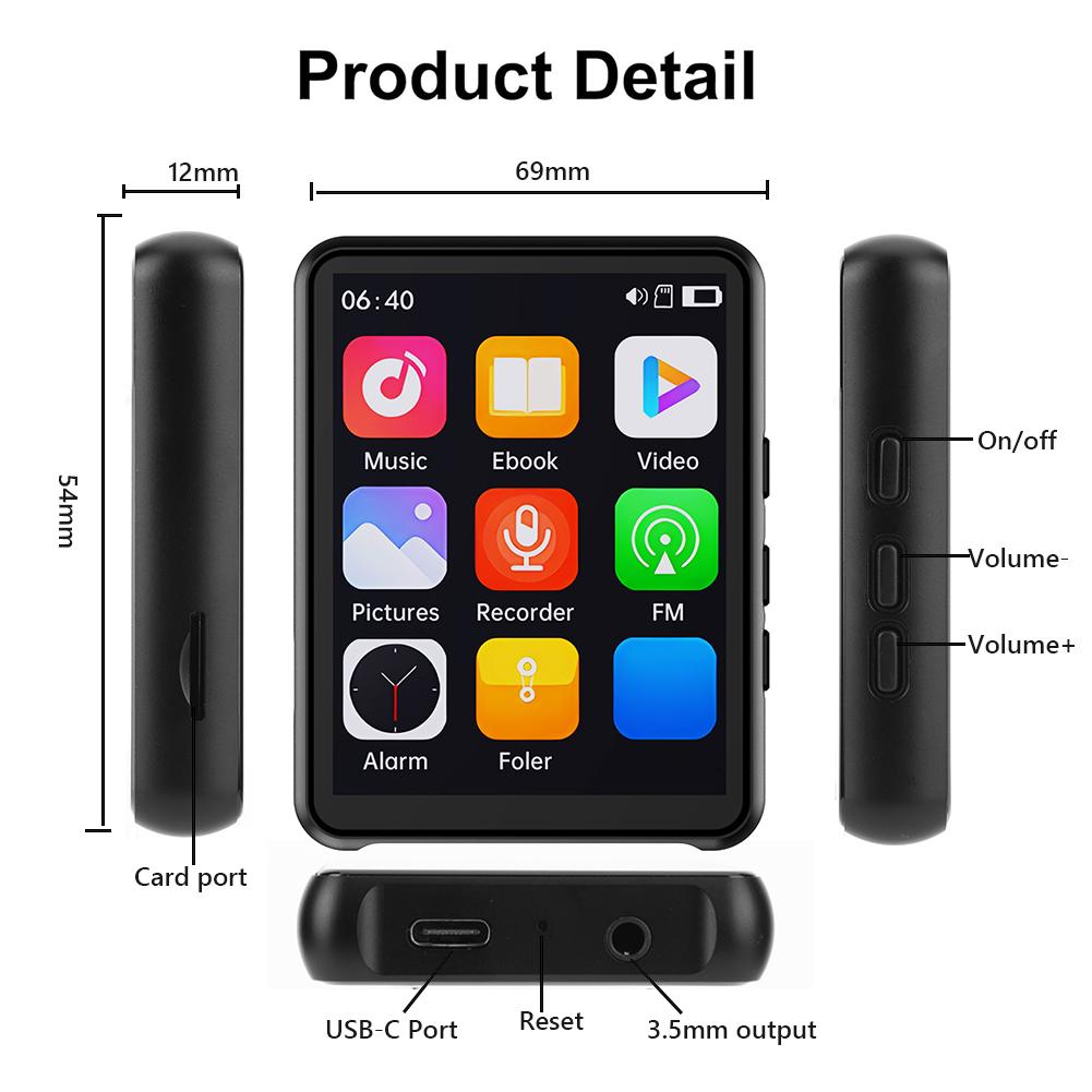 2,4-дюймовый HiFi MP3-плеер с сенсорным экраном, Bluetooth5.3, музыкальный плеер с динамиком/FM-радио/диктофоном/электронной книгой/фотографией+проводные наушники