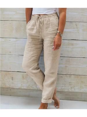 2025 Летние хлопковые льняные женские брюки, белые однотонные прямые брюки с высокой талией, женские новые модные повседневные свободные брюки, женские нижние брюки