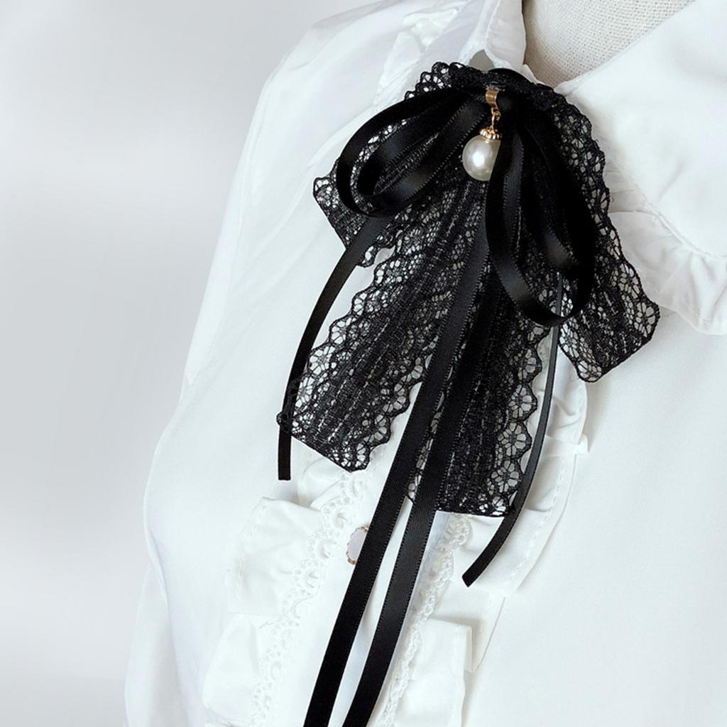 Womens Lace Ribbon Bowtie Brooch Pin Student JK Uniform Shirt Jabot Collar Pearl Pendant Pre-Tied Bowknot Necktie Clip