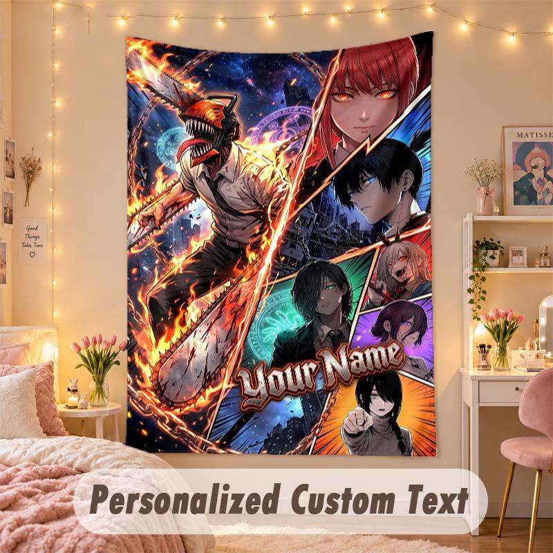 Custom Personalized Tapestry,Chainsaw Man Print Custom Name Text Wall Art Hanging for Bedroom