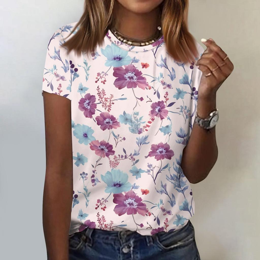 Женская модная повседневная футболка с цветочным принтом и круглым вырезом, топ с короткими рукавами