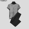 INCERUN Two-piece Men Short Sleeve Mesh Sheer Tops High Waist Pants Sets