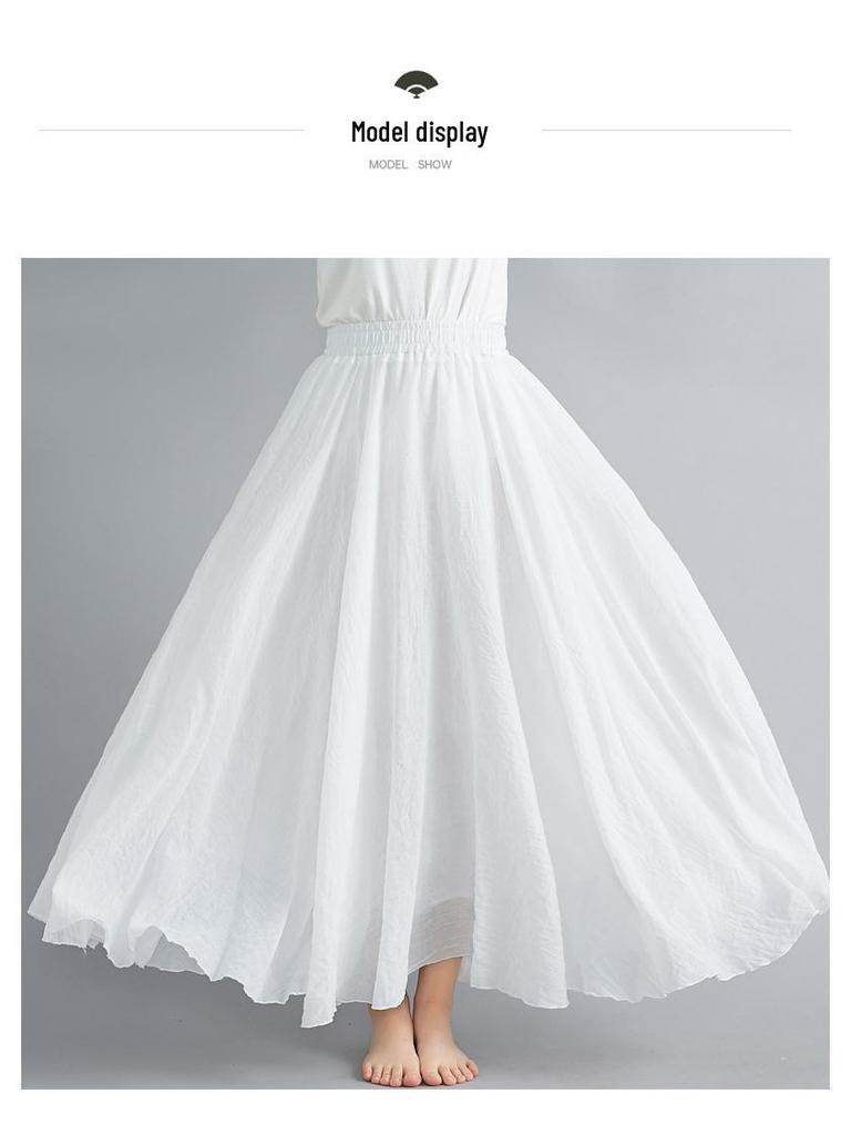 Mori Girl Plus Size Cotton Linen Midi Skirt - Elastic Waist, A-line, Solid Color, Ethnic Style, Long Length