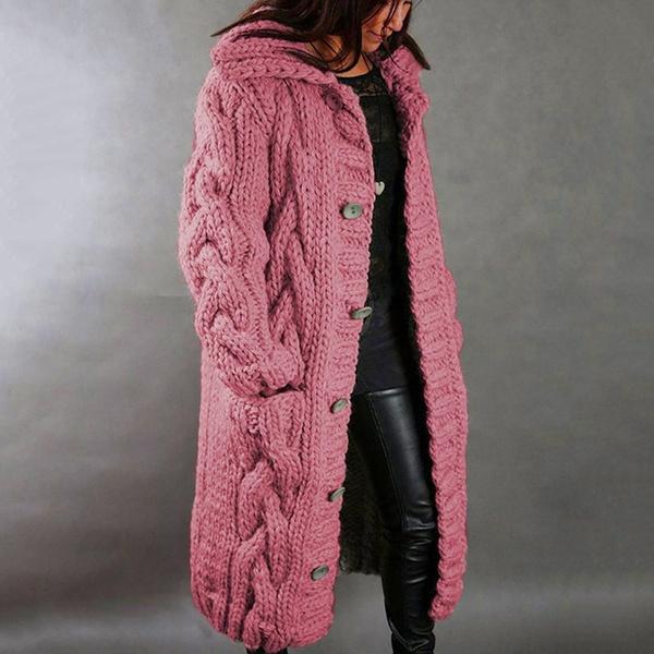 Women's Autumn Winter Long Sleeve Knitted Cardigan Coat Casual Streetwear Hooded Sweater Coat