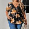 Floral Print Tie Waist Shirt for Women Cross Wrap V-neck Short Sleeve Shoulder Cutout Ruched T-shirt Vacation Casual Breathable Thin Plus Shirt