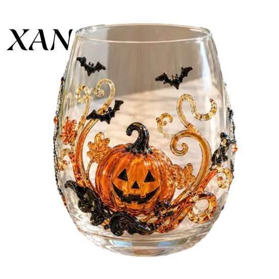 Festive Beverage Cups Halloween Glass Tumbler, Embossed Pumpkin Ghost Cat Bat Drinking Glass, Kitchen Counter Decor Spooky Stemless Cups, Seasonal