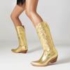 IPPEUM Silver Metallic Cowboy Boots Knee High Embroider Chunky Heel  Cowgirl Shoes Mid Calf Western Botas Cowboy Mujer