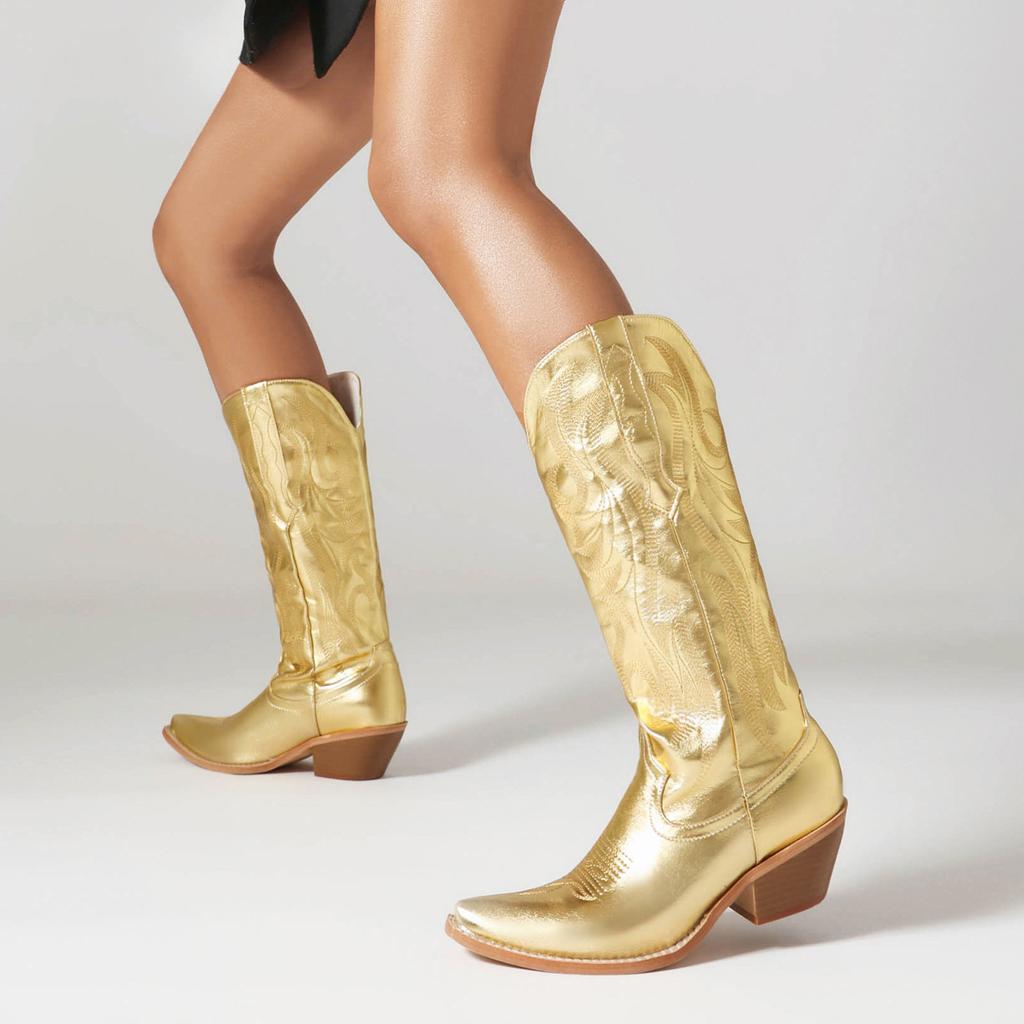 IPPEUM Silver Metallic Cowboy Boots Knee High Embroider Chunky Heel  Cowgirl Shoes Mid Calf Western Botas Cowboy Mujer