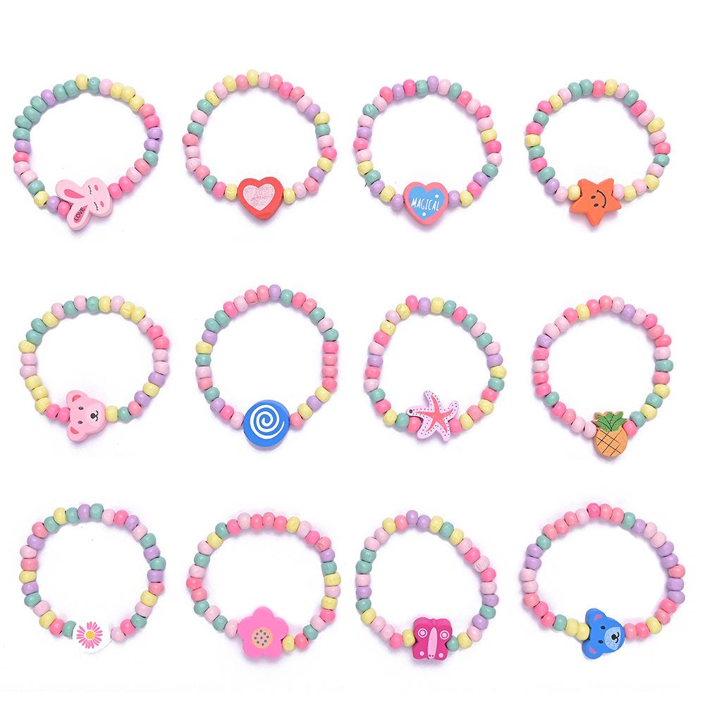 12pcs Cartoon Wooden Beads Bracelet for Kids Girl Birthday Party Favors Baby Shower Jewelry Gift Kindergarten Prizes Treat Bag