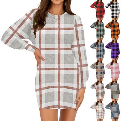 Женское модное повседневное платье с круглым вырезом и длинными рукавами